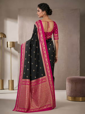 Black soft silk blend saree with zari weaving meenakari design 2