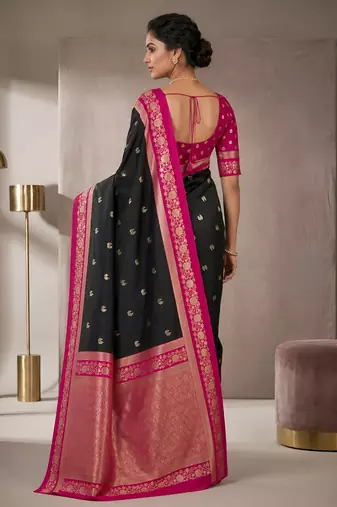 Black soft silk blend saree with zari weaving meenakari design