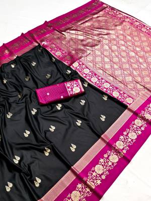 Black soft silk blend saree with zari weaving meenakari design 4