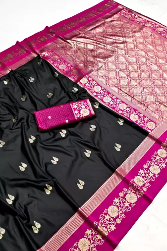 Black soft silk blend saree with zari weaving meenakari design