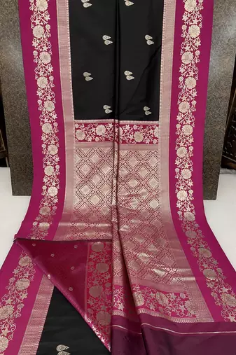 Black soft silk blend saree with zari weaving meenakari design