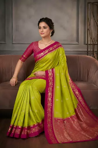 Parrot green soft silk blend saree with zari weaving meenakari design