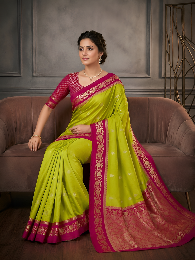 Parrot green soft silk blend saree with zari weaving meenakari design