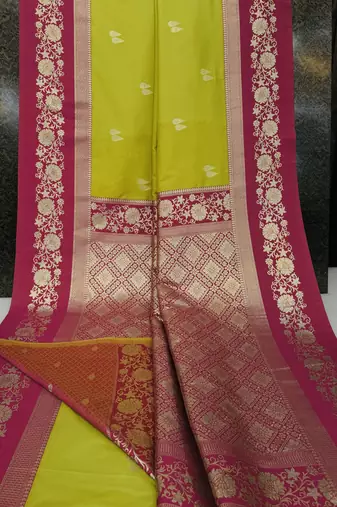 Parrot green soft silk blend saree with zari weaving meenakari design