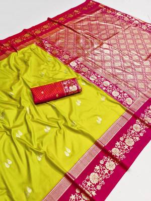 Parrot green soft silk blend saree with zari weaving meenakari design 5