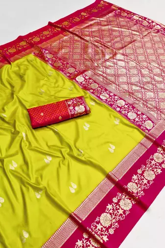 Parrot green soft silk blend saree with zari weaving meenakari design