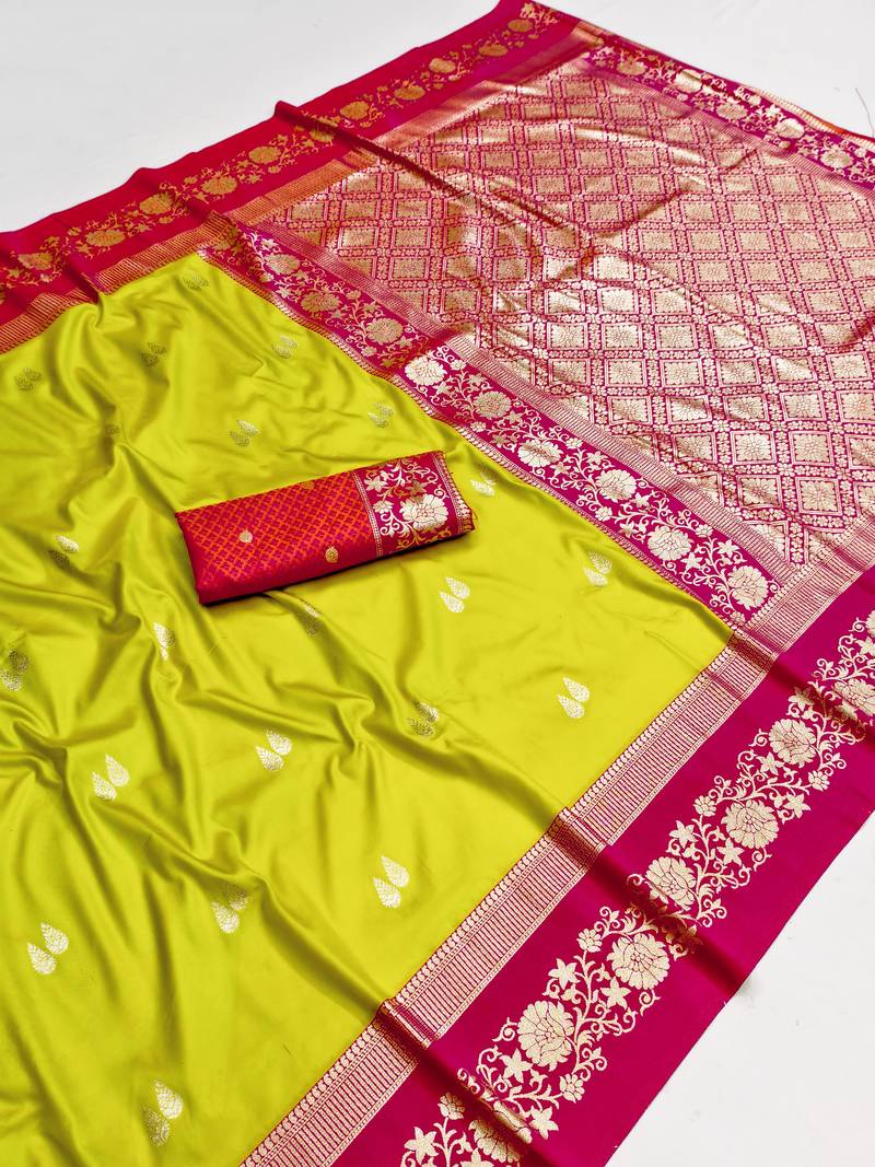 Parrot green soft silk blend saree with zari weaving meenakari design