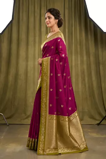 Wine soft silk blend saree with zari weaving meenakari design