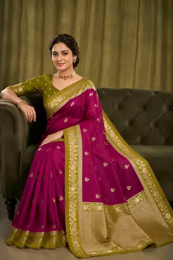 Wine soft silk blend saree with zari weaving meenakari design