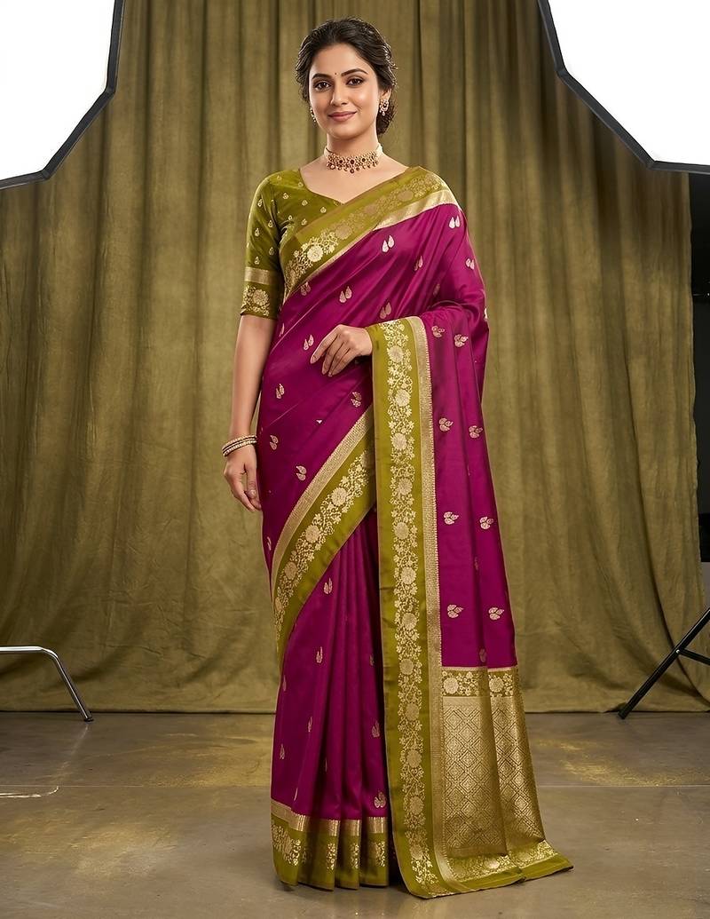 Wine soft silk blend saree with zari weaving meenakari design