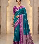 Teal soft silk blend saree with zari weaving meenakari design