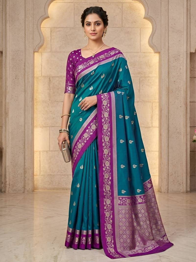 Teal soft silk blend saree with zari weaving meenakari design