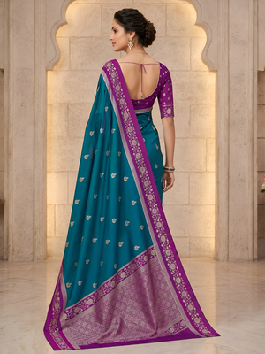 Teal soft silk blend saree with zari weaving meenakari design 3