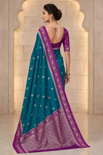 Teal soft silk blend saree with zari weaving meenakari design