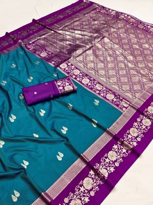 Teal soft silk blend saree with zari weaving meenakari design 4