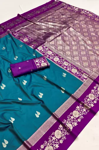 Teal soft silk blend saree with zari weaving meenakari design