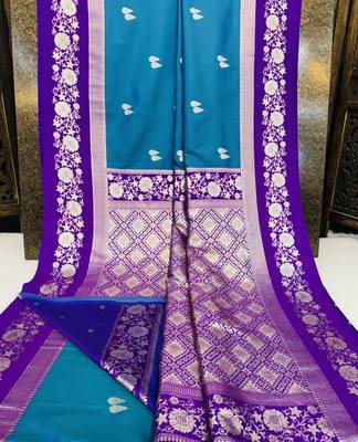 Teal soft silk blend saree with zari weaving meenakari design 5