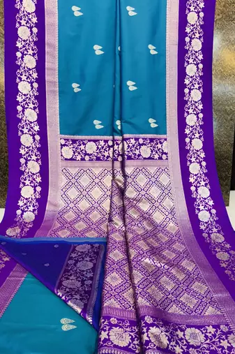 Teal soft silk blend saree with zari weaving meenakari design