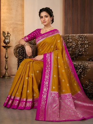 Mustard soft silk blend saree with zari weaving meenakari design 1