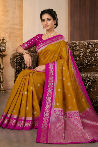 Mustard soft silk blend saree with zari weaving meenakari design