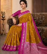 Mustard soft silk blend saree with zari weaving meenakari design