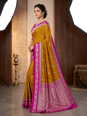 Mustard soft silk blend saree with zari weaving meenakari design 2