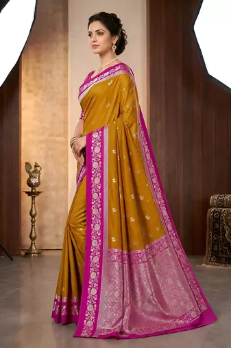 Mustard soft silk blend saree with zari weaving meenakari design