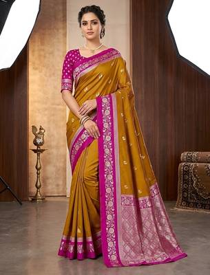 Mustard soft silk blend saree with zari weaving meenakari design 3