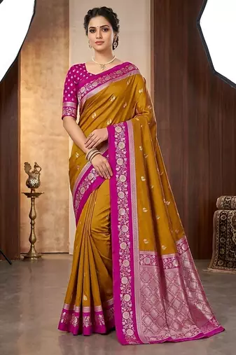 Mustard soft silk blend saree with zari weaving meenakari design