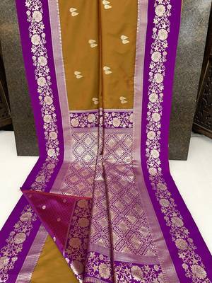 Mustard soft silk blend saree with zari weaving meenakari design 4