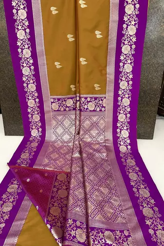 Mustard soft silk blend saree with zari weaving meenakari design