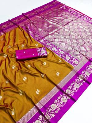 Mustard soft silk blend saree with zari weaving meenakari design 5