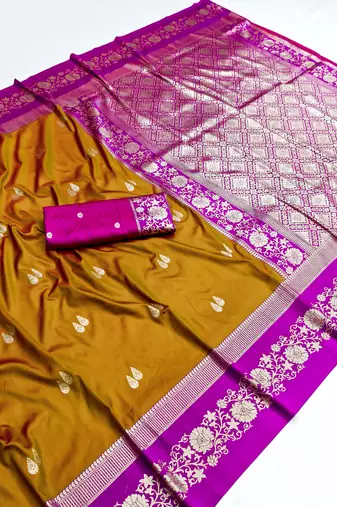 Mustard soft silk blend saree with zari weaving meenakari design