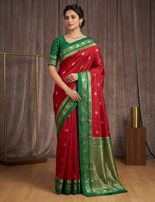 Red soft silk blend saree with zari weaving meenakari design 1