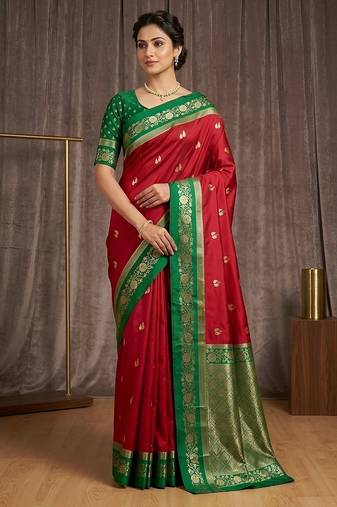 Red soft silk blend saree with zari weaving meenakari design