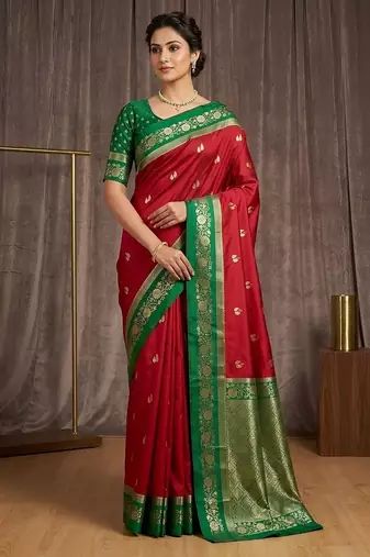 Red soft silk blend saree with zari weaving meenakari design
