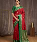 Red soft silk blend saree with zari weaving meenakari design