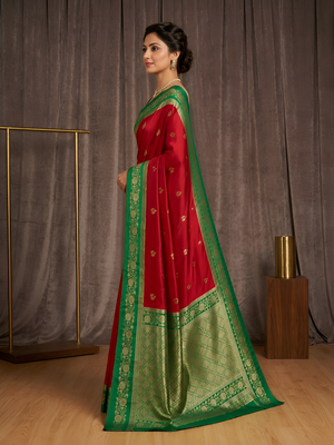Red soft silk blend saree with zari weaving meenakari design 2