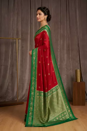 Red soft silk blend saree with zari weaving meenakari design