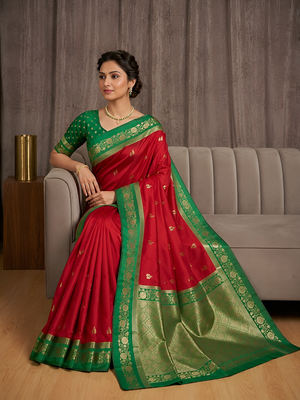 Red soft silk blend saree with zari weaving meenakari design 3