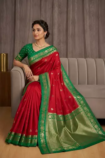 Red soft silk blend saree with zari weaving meenakari design