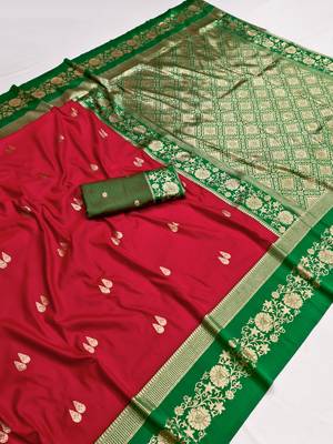 Red soft silk blend saree with zari weaving meenakari design 4