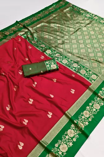 Red soft silk blend saree with zari weaving meenakari design
