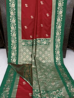 Red soft silk blend saree with zari weaving meenakari design 5