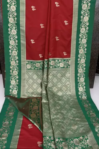 Red soft silk blend saree with zari weaving meenakari design