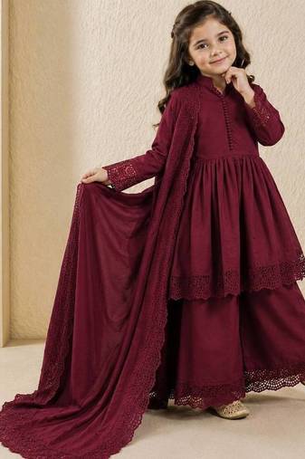 Heavy roman silk embroidery  work and wine readymade salwar suit