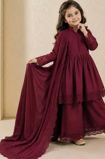 Heavy roman silk embroidery  work and wine readymade salwar suit