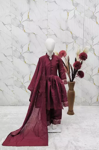 Heavy roman silk embroidery  work and wine readymade salwar suit