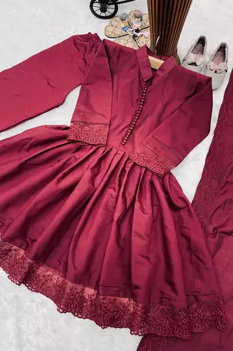 Heavy roman silk embroidery  work and wine readymade salwar suit