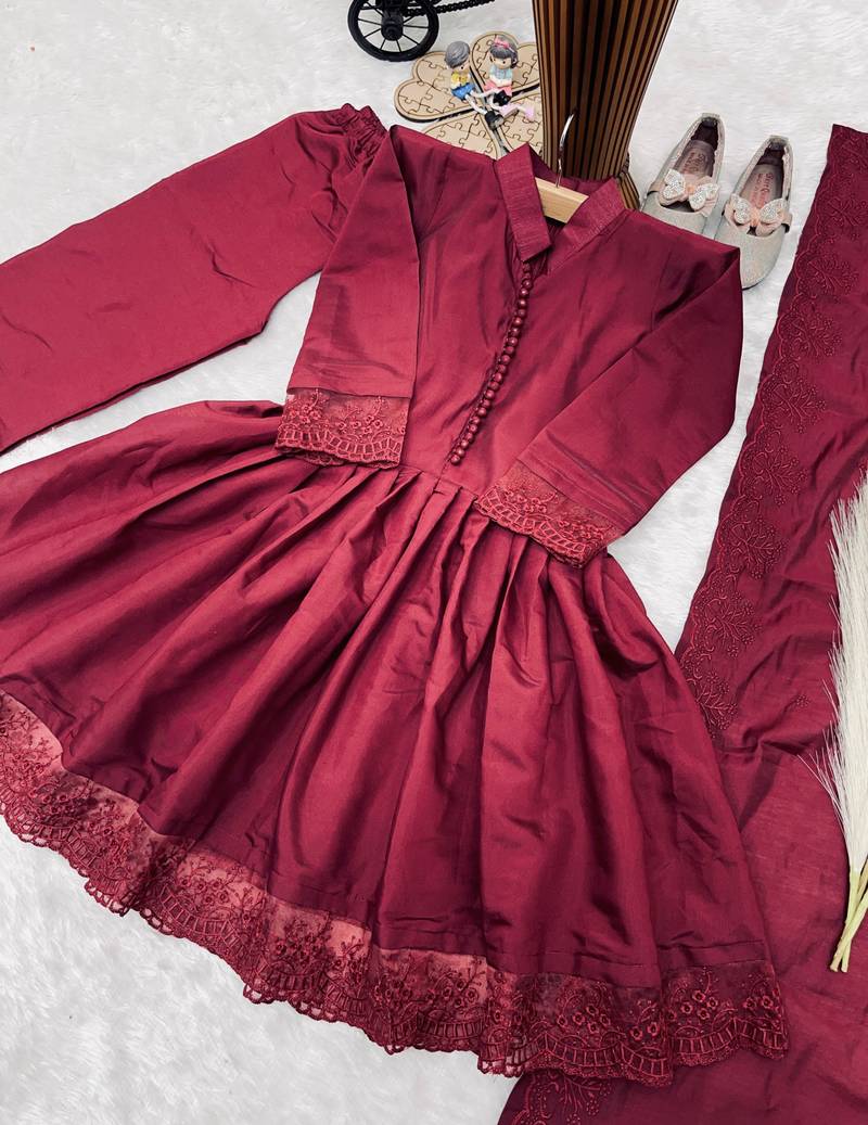 Heavy roman silk embroidery  work and wine readymade salwar suit